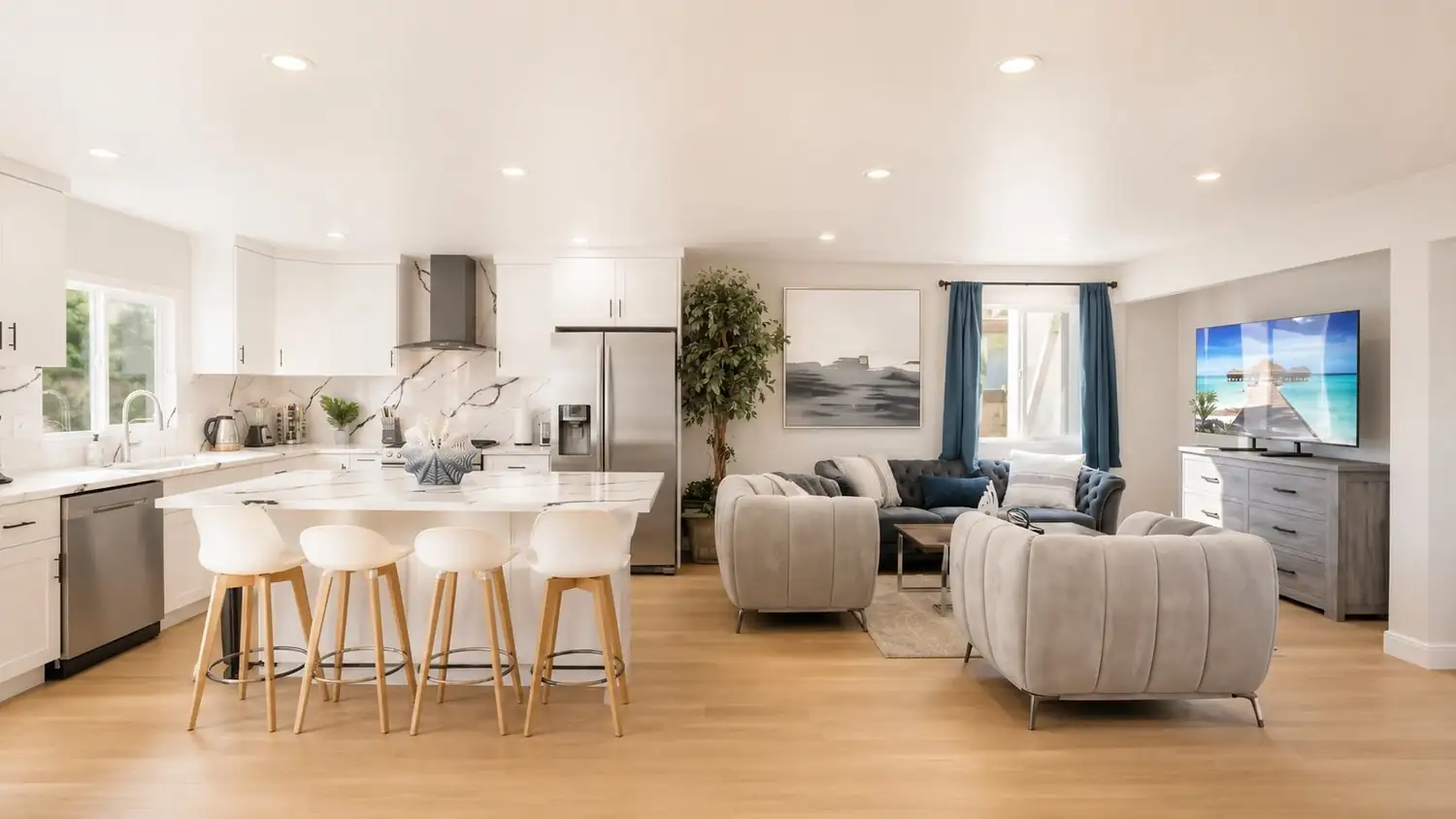 Bright, fully furnished open-plan living room and kitchen