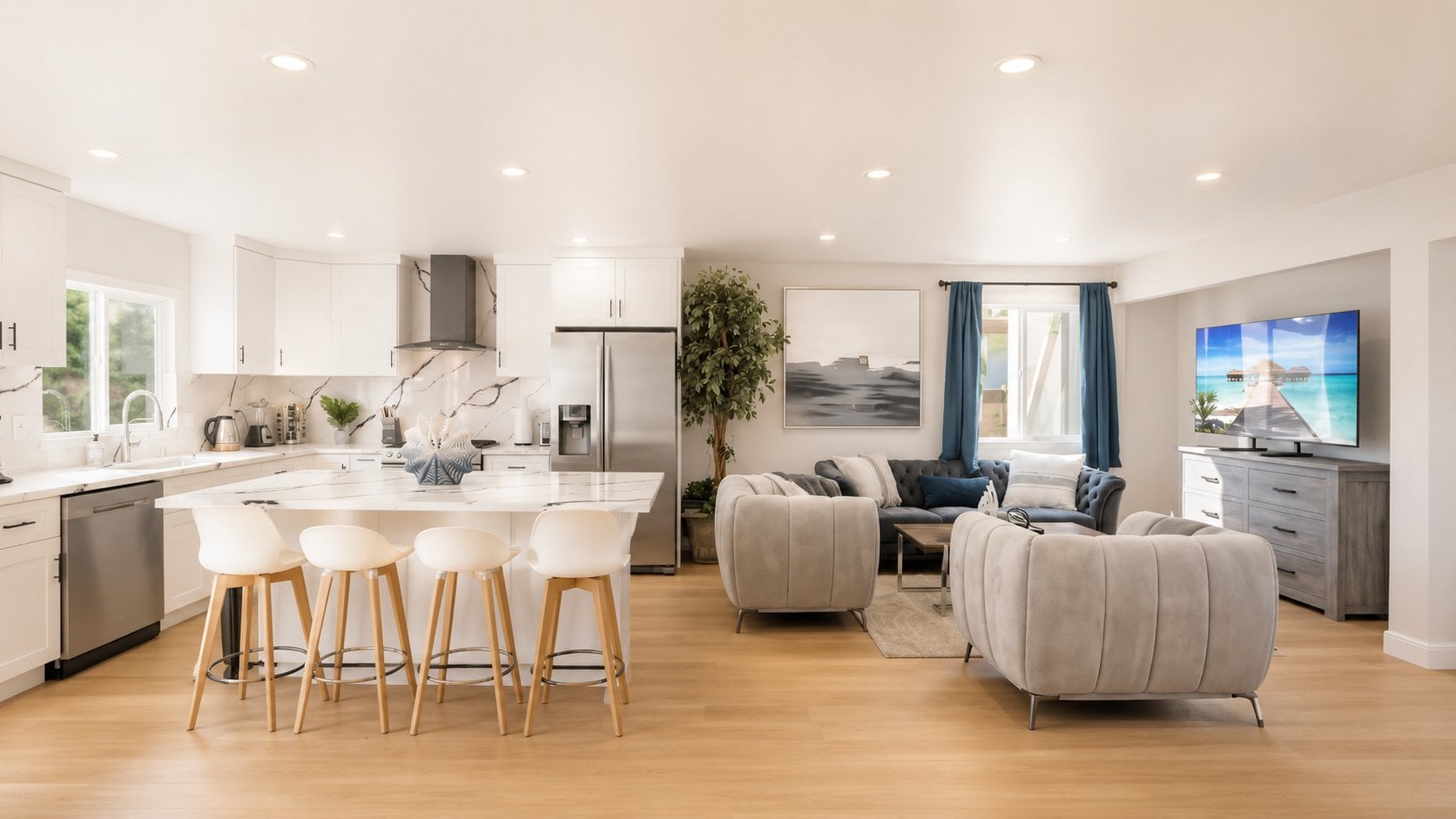 Bright, fully furnished open-plan living room and kitchen