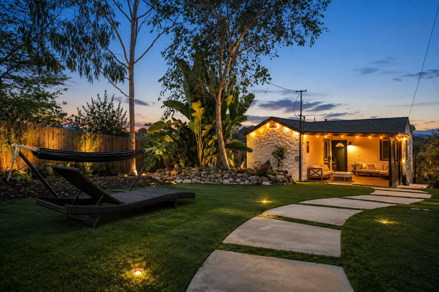 Backyard at twilight with hammock and string lights outside a stone cottage