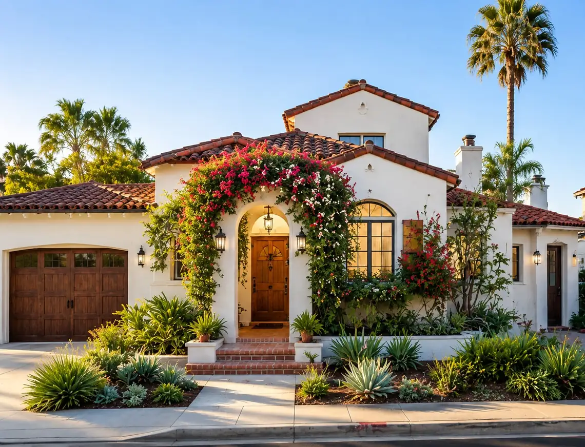 Twilight exterior of a Spanish-style home with warm interior lighting