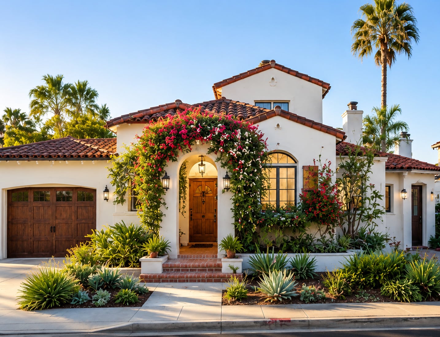 Twilight exterior of a Spanish-style home with warm interior lighting
