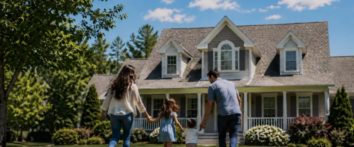 Family walking toward a furnished home