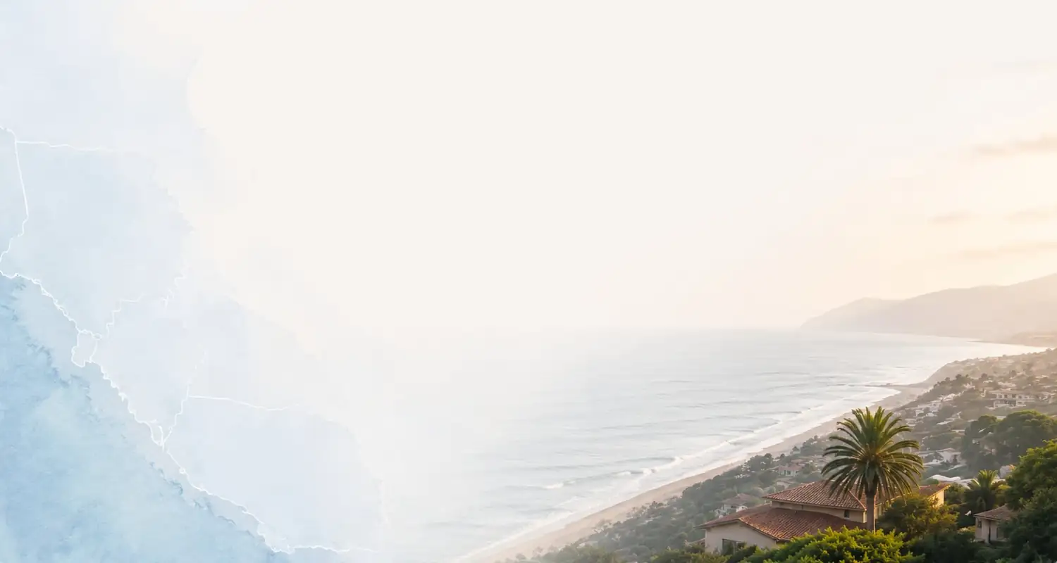 Southern California coastline at golden hour with palm trees above the shore