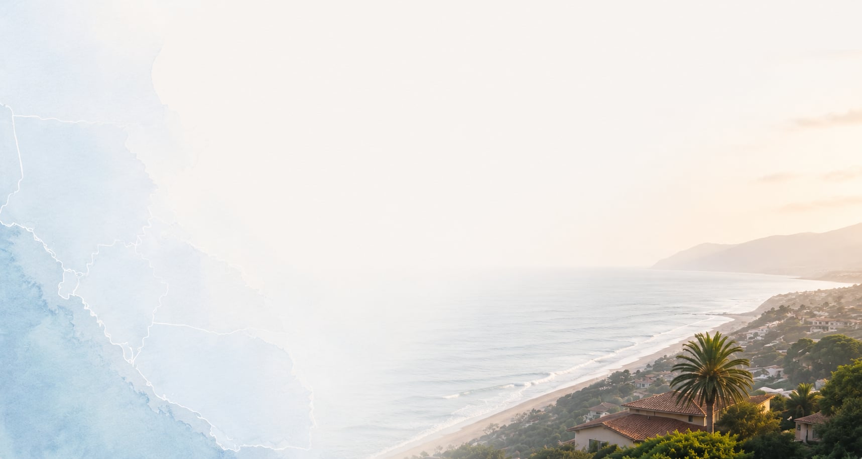 Southern California coastline at golden hour with palm trees above the shore